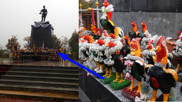 Denkmal mit hunderten Plastikhühnern, N 19.259089° E 97.964187°.